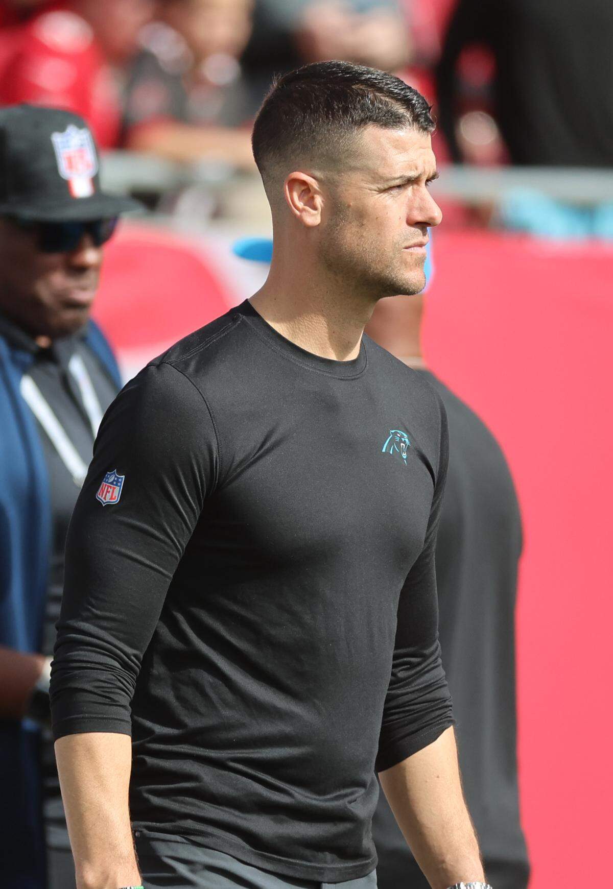 Dec 29, 2024; Tampa, Florida, USA; Carolina Panthers head coach Dave Canales against the Tampa Bay Buccaneers prior to the game at Raymond James Stadium. Mandatory Credit: Kim Klement Neitzel-Imagn Images