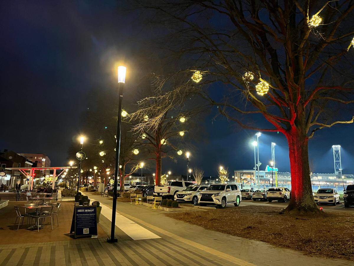 Hanging decorations light up downtown Kannapolis.