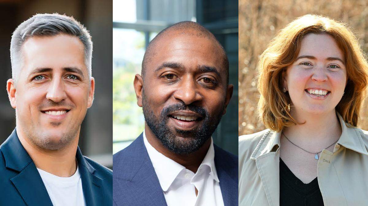 From left, Adam Pasiak, Morris “Mac” McAdoo and Jessica Finkel are running to replace Elaine Powell in the 2026 Democratic primary for Mecklenburg County Commission District 1.