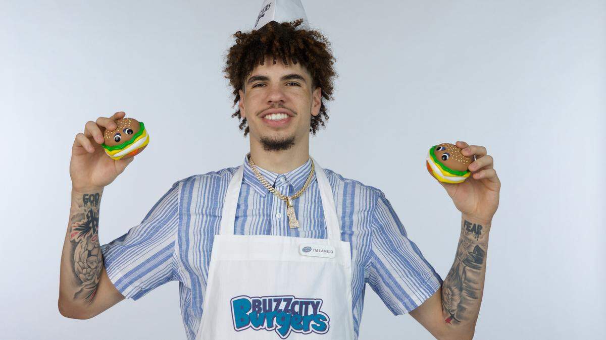 LaMelo Ball poses during the filming of a video promoting Miles Bridges, Terry Rozier and himself for the 2022 All-Star Game.