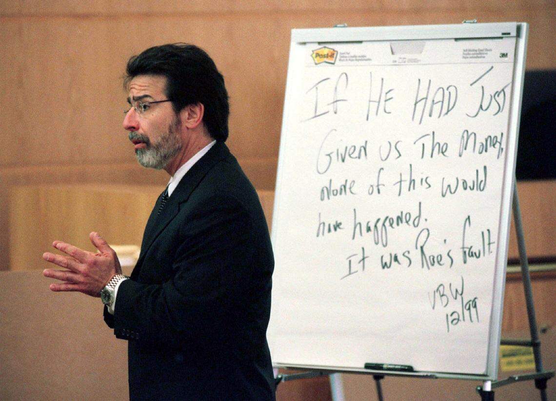Defense attorney David Rudolf addresses the jury during his opening statement, in which the essence of his drug-deal-gone-bad defense of former NFL player Rae Carruth was written on a flip chart.