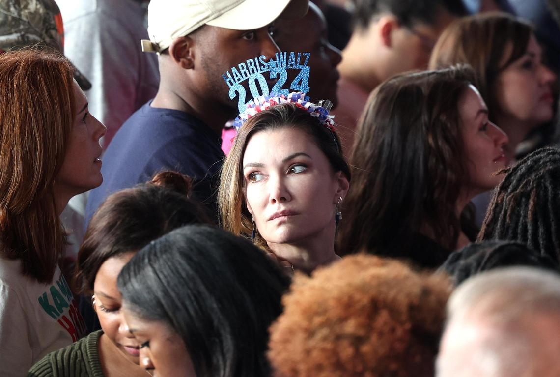 A supporter for Vice President Kamala Harris wears a headband at PNC Music Pavilion on Saturday, November 2, 2024.