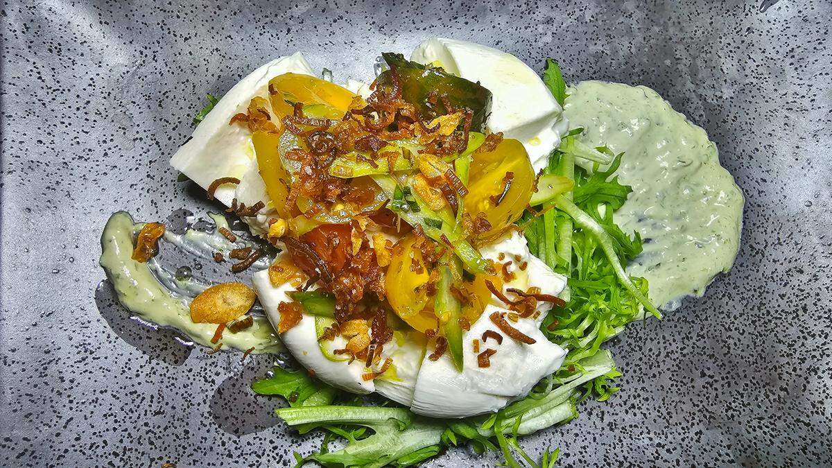 Barrel + Fork’s Burrata salad with crispy shallots.