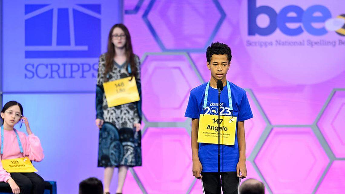 Fayetteville’s Angelo Aldoph competes in the 2023 Scripps National Spelling Bee. Aldoph tied for 173rd in last year’s competition and is back to compete again in 2024.