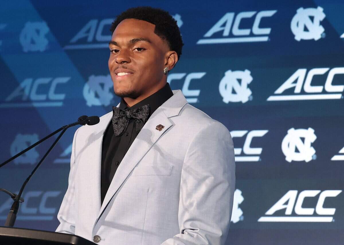 North Carolina's Jordan Shipp listens to a reporter's question during the 2026 ACC Football Kickoff program at the Charlotte Hilton Uptown hotel on Friday, July 17, 2026.