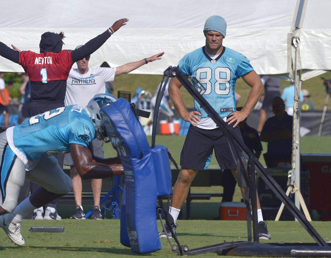 Several Carolina Panthers veterans, like tight end Greg Olsen, took Thursday’s practice off. Quarterback Cam Newton (1) did some exercises but did not throw.