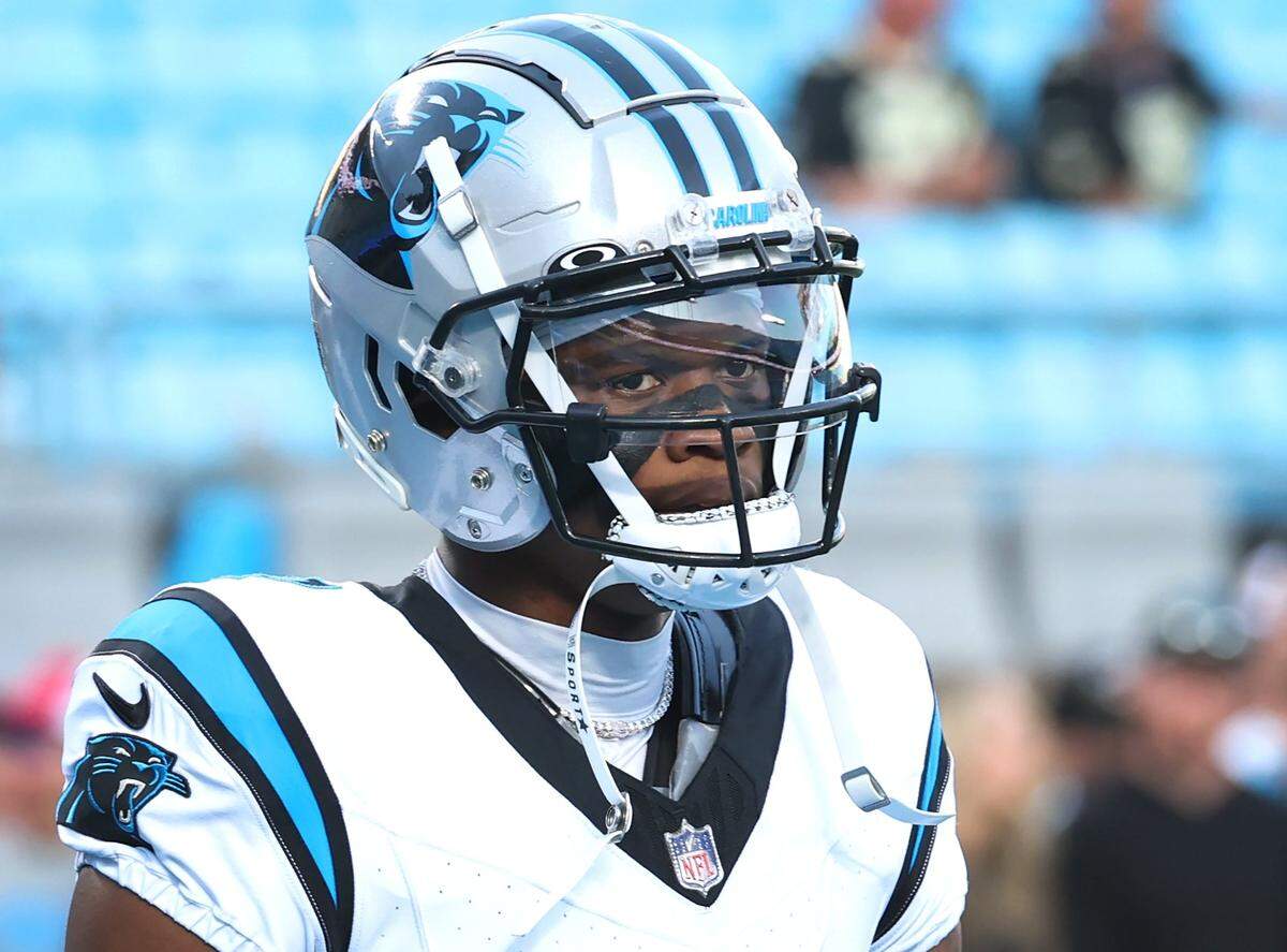 Carolina Panthers wide receiver DJ Chark waits to resume pregame activities at Bank of America Stadium on Monday, September 18, 2023. The Panthers host the New Orleans Saints in NFL action at Bank of America Stadium.