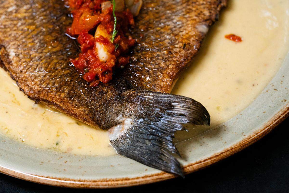 A cooked fish fillet with its tail intact is served in a shallow pool of creamy sauce and topped with a bright red tomato relish. The dish is presented on a light-colored, speckled ceramic plate.