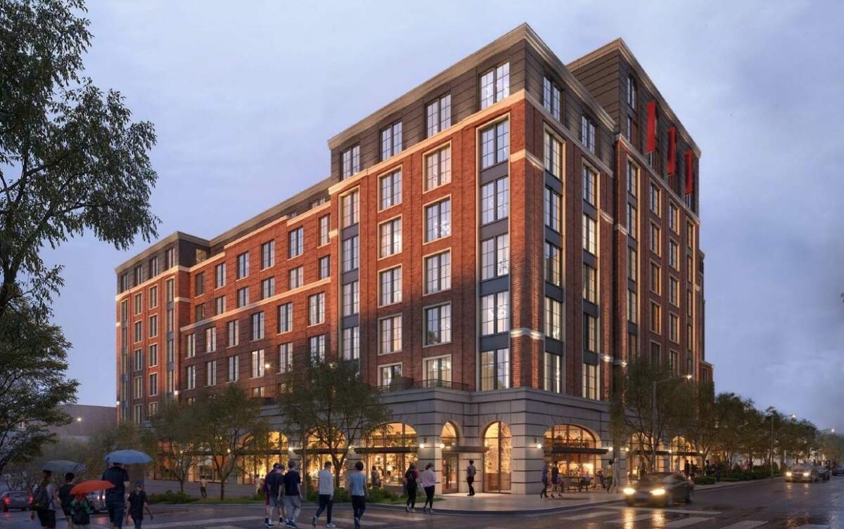 A rendering of Centrum Dilworth, a mixed-use project that includes 422 apartments, a over 249,00-square-foot parking structure in the middle and an 153-key hotel.