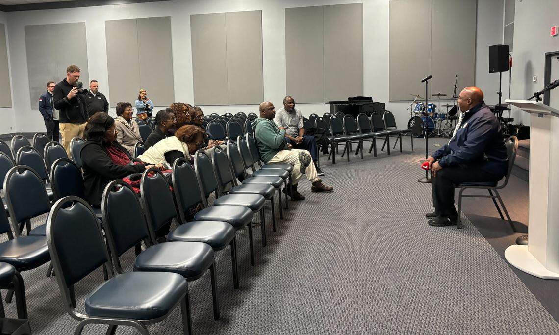 Lt. Gov. Mark Robinson address a group of around 10 people at a meet and greet in Charlotte on Thursday.