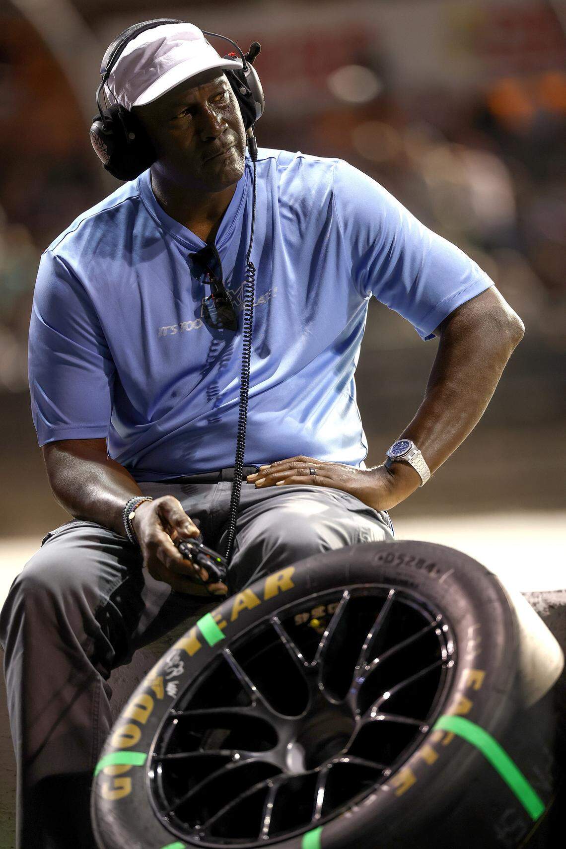 Michael Jordan, the NBA Hall of Famer and co-owner of 23XI Racing, looks on during the NASCAR Cup Series Cook Out Southern 500 at Darlington Raceway on Aug. 31, 2025 in Darlington, South Carolina. Jordan estimates he attends 10-12 races per year in person and watches the rest on TV.