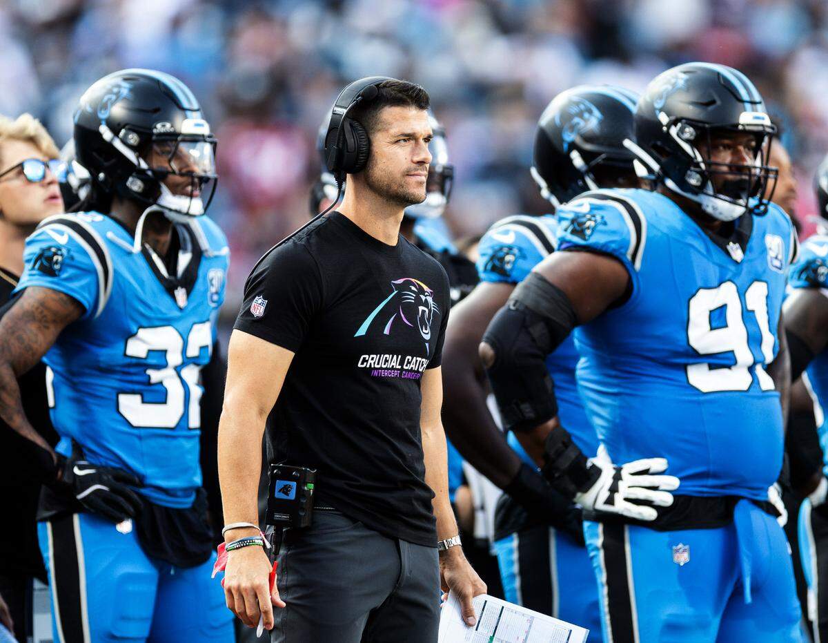 Carolina Panthers coach Dave Canales coaches against the Atlanta Falcons at Bank of America Stadium in Charlotte, N.C. on Sunday, October 13, 2024. The Panthers lost, 38-20, dropping their record to 1-5.