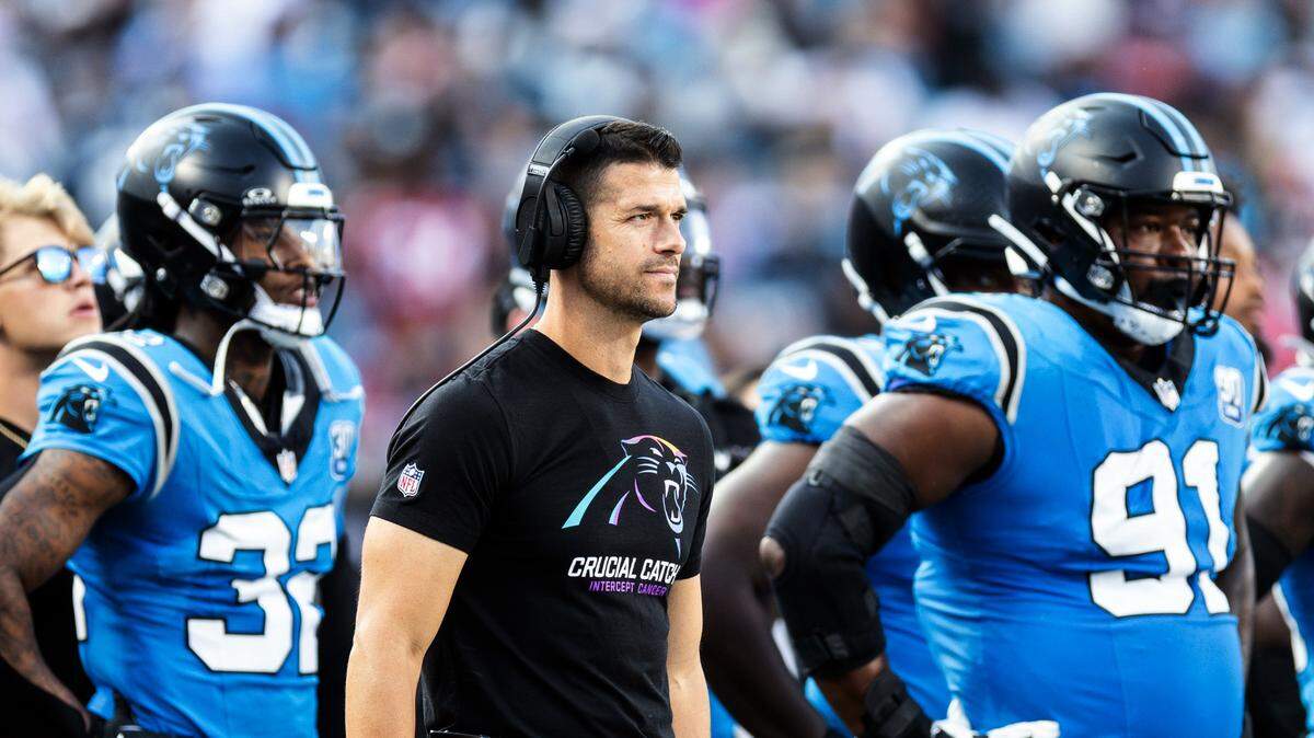 Carolina Panthers coach Dave Canales coaches against the Atlanta Falcons at Bank of America Stadium in Charlotte, N.C. on Sunday, October 13, 2024. The Panthers lost, 38-20, dropping their record to 1-5.