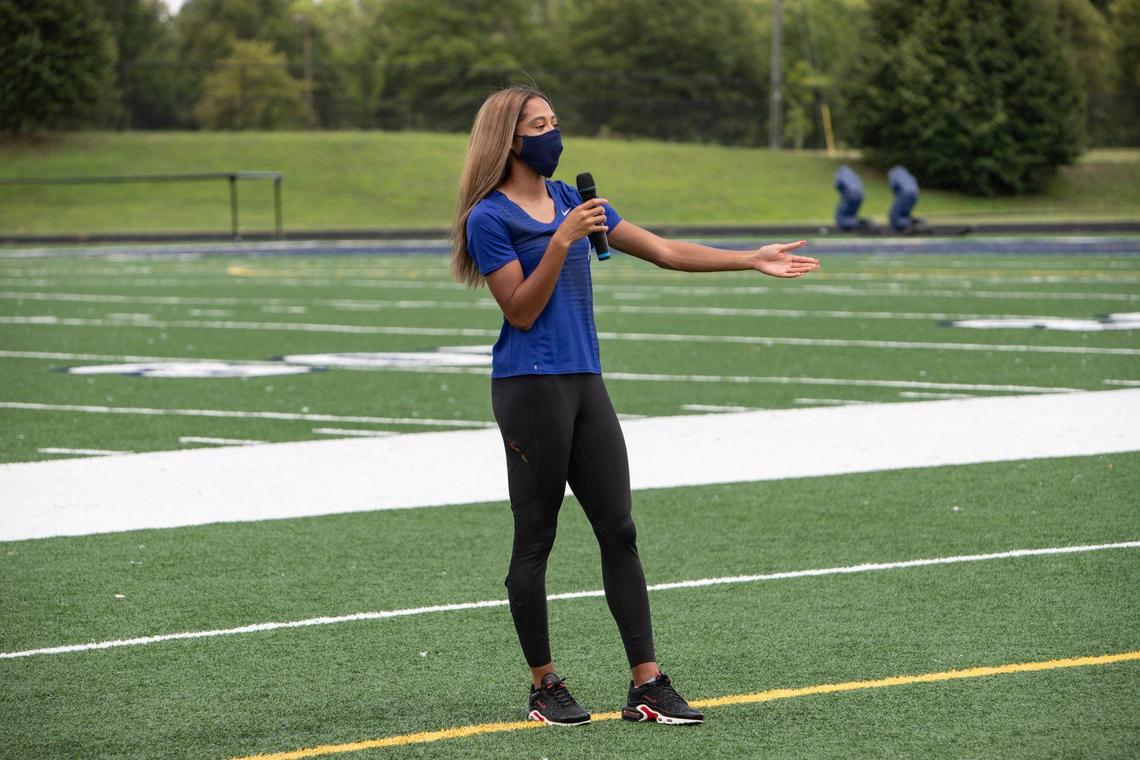 Former Mallard Creek track star Gabbi Cunningham speaks to the community during her send-off party at her old high school on July 17th.
