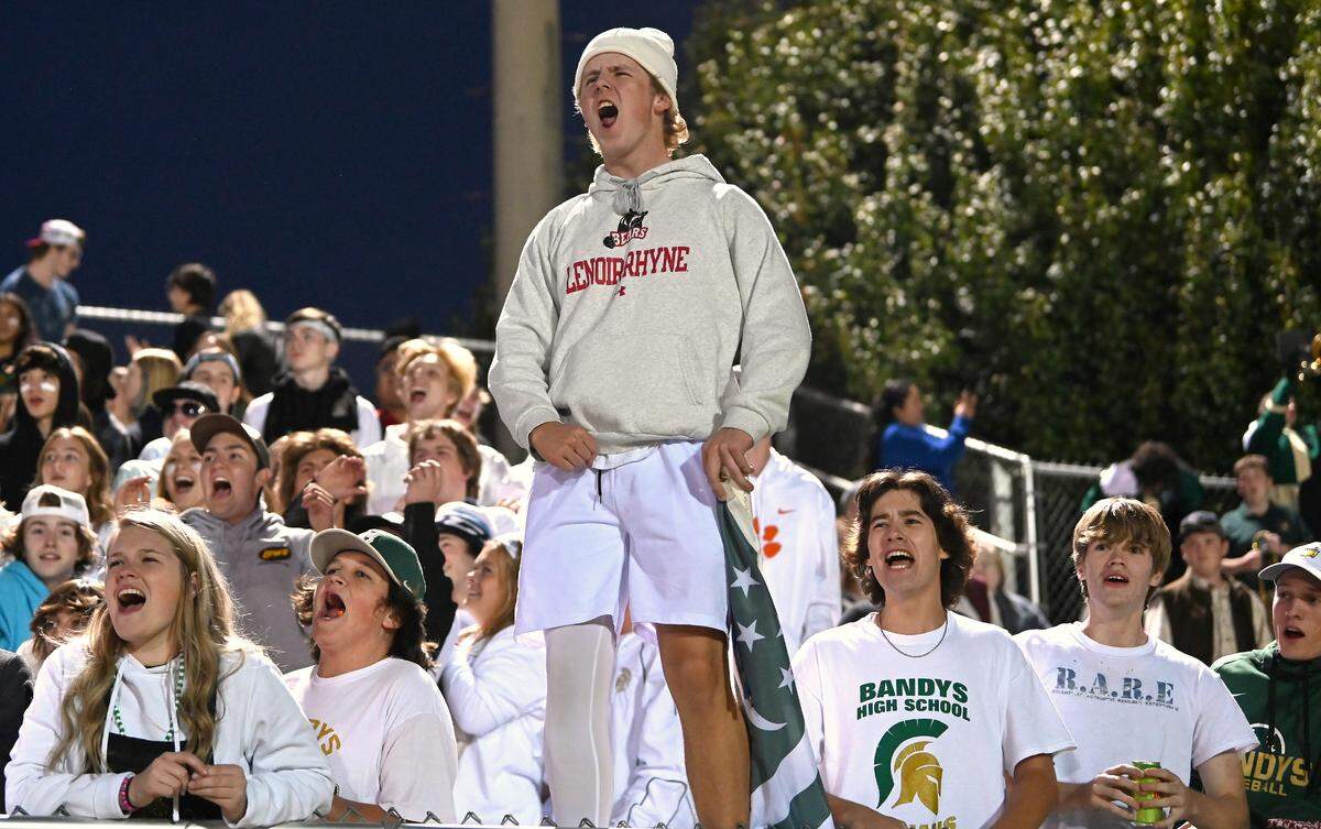 The Bandys student section yells support to the Bandys Trojans football team as they battle the Lincolnton Wolves on Thursday, September 29, 2022 at Bandys High School in Catawba, NC.