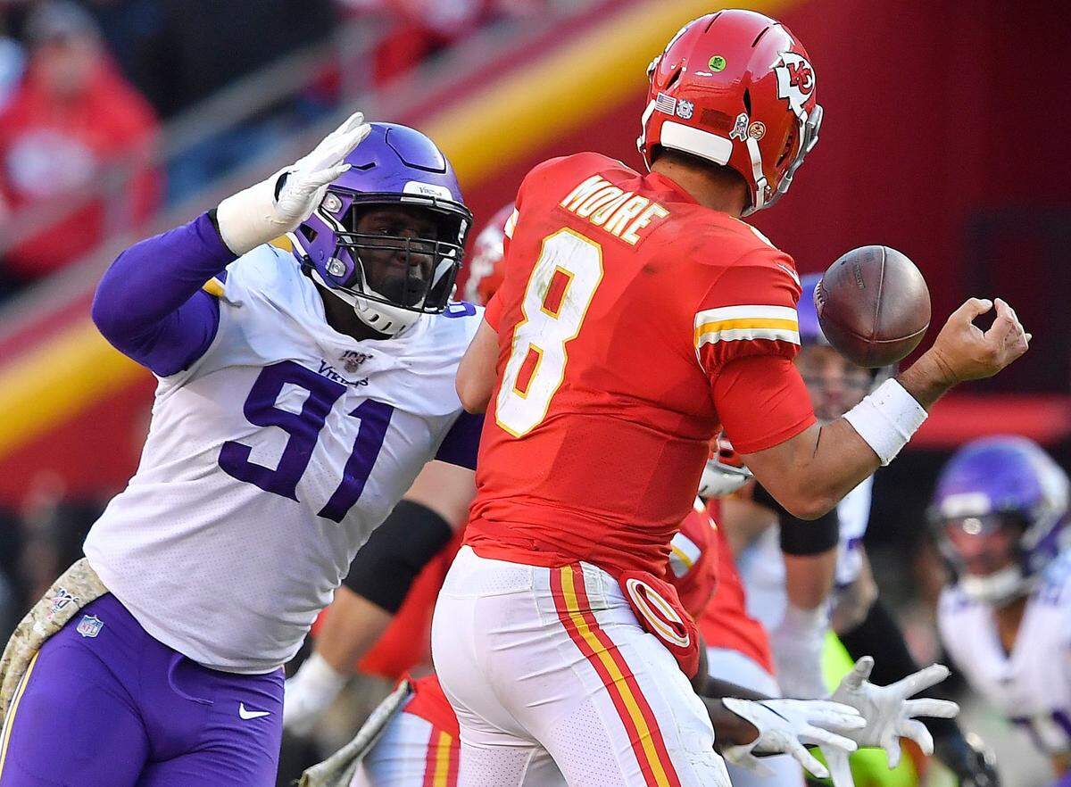 Former Minnesota Viking Stephen Weatherly had a strip-sack on this play in 2019, when he tackled Kansas City quarterback Matt Moore. Moore once played for the Panthers; Weatherly signed a free-agent contract and will in 2020.