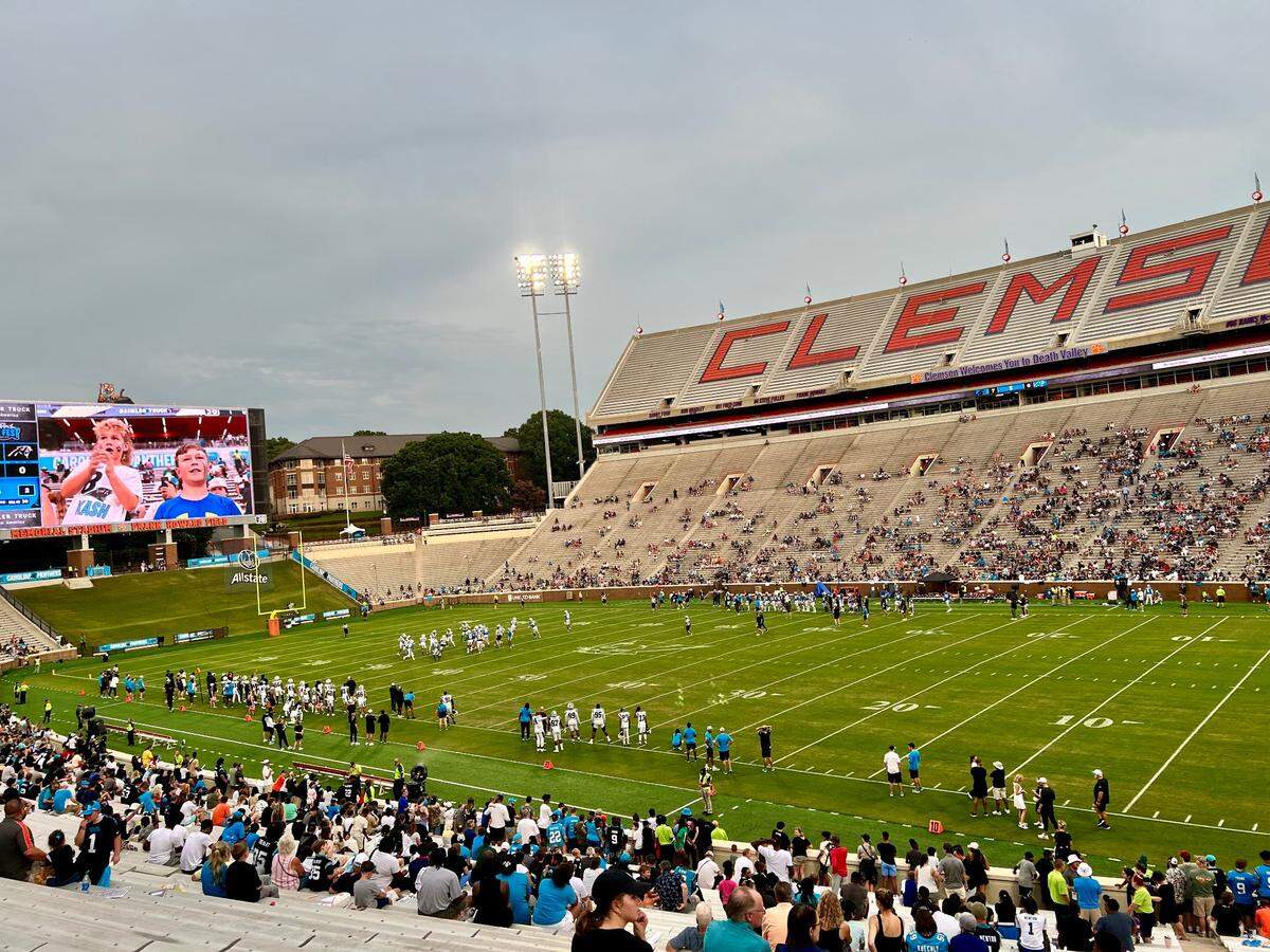 The Carolina Panthers held their annual FanFest practice at Clemson on Aug. 1, 2024. The Panthers didn’t announce the attendance, but the crowd appeared to be about 10,000-12,000 people in Clemson’s 81,000-seat Memorial Stadium.