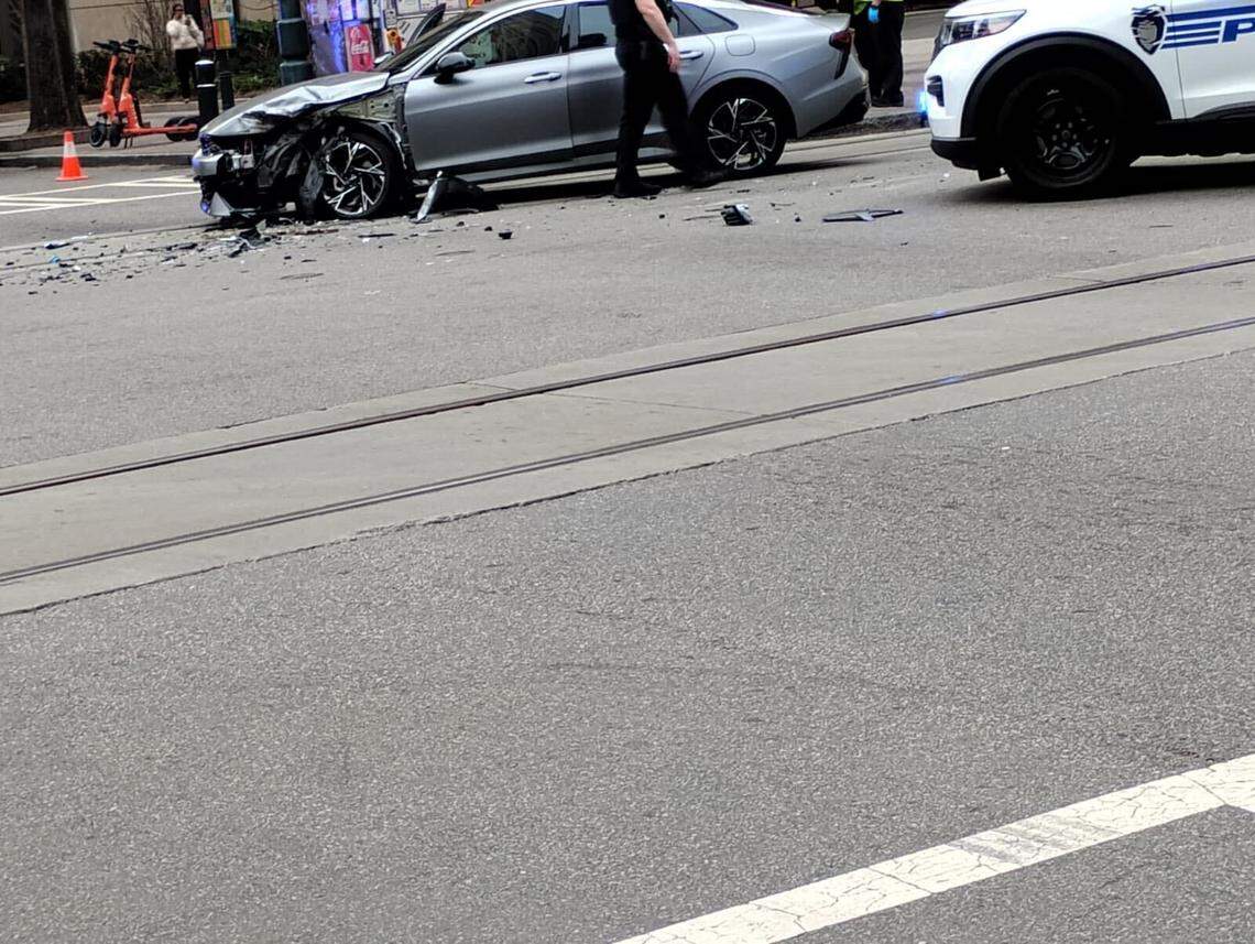 A photo showed the vehicle involved in a crash on Wednesday, Feb. 18, 2026, with a vehicle driven by Hornets star LaMelo Ball.