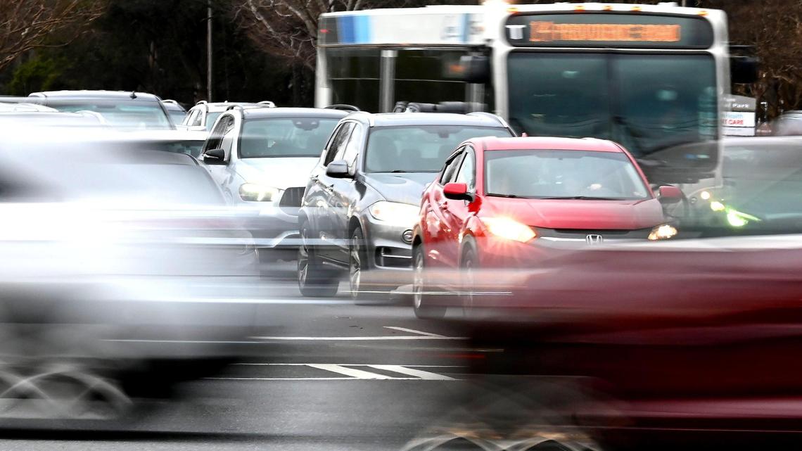 Traffic at the intersection of Providence Road and Pineville/Matthews Road (N.C. Highway 51). The heavily congested area frustrates some residents who live nearby.