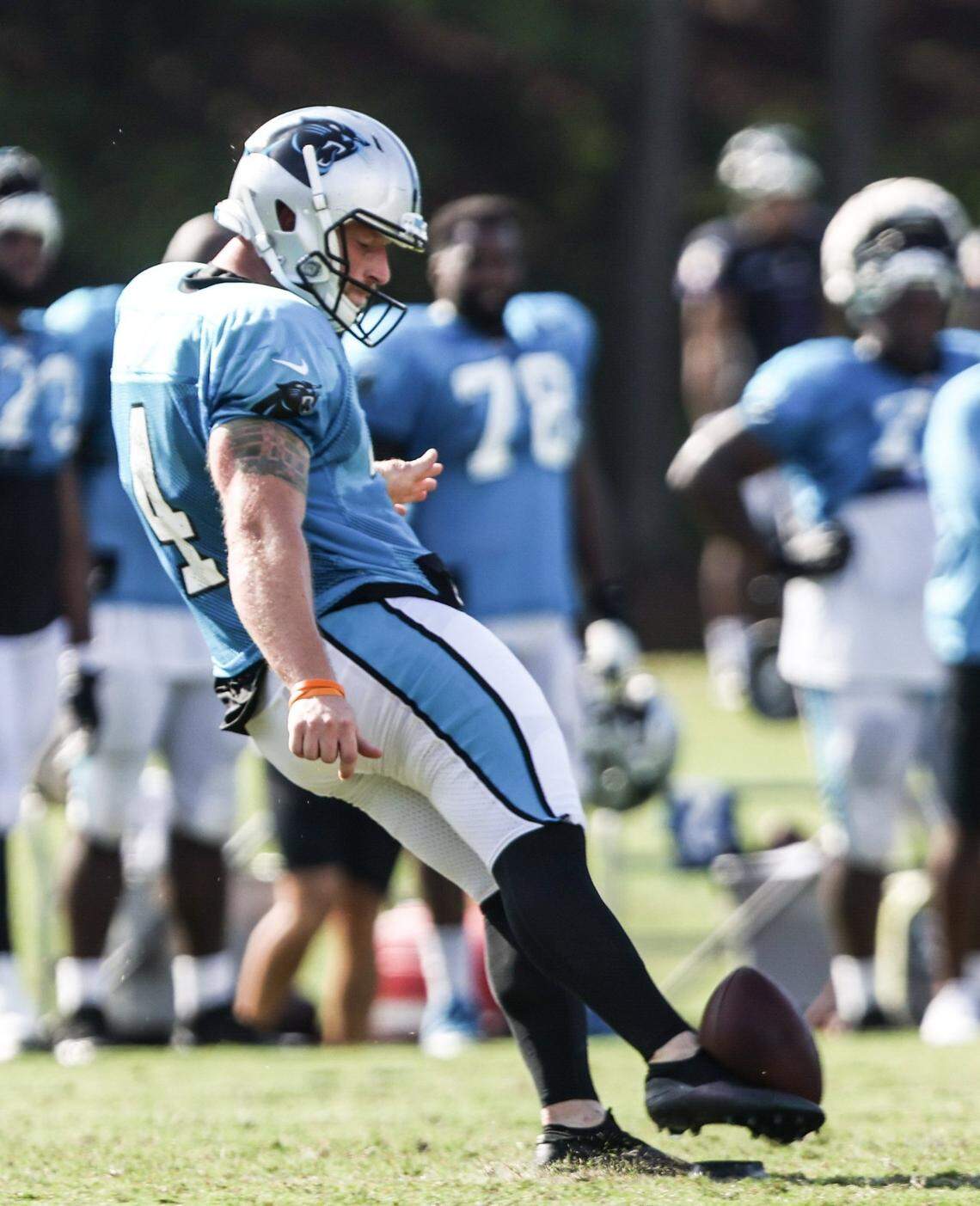 Carolina Panthers Joey Slye kicks during the joint practice with the Baltimore Ravens in Spartanburg, S.C., on Thursday, August 19, 2021.