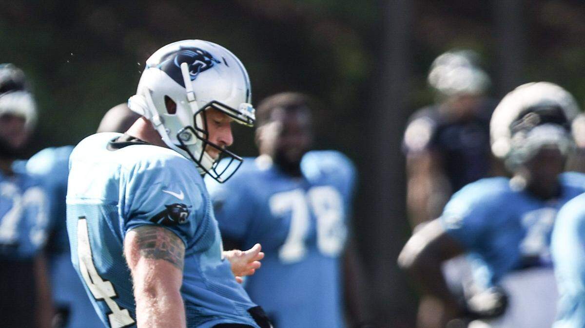 Carolina Panthers Joey Slye kicks during the joint practice with the Baltimore Ravens in Spartanburg, S.C., on Thursday, August 19, 2021.