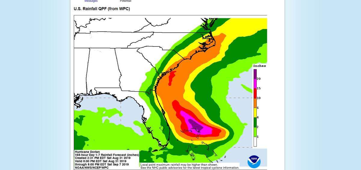Up to 12 inches of rain could fall along the Georgia and Carolina coasts, according to the National Hurricane Center. Dorian is now expected to dump up to 6 inches on a wider swath of eastern North Carolina than earlier forecasts indicated, officials said.
