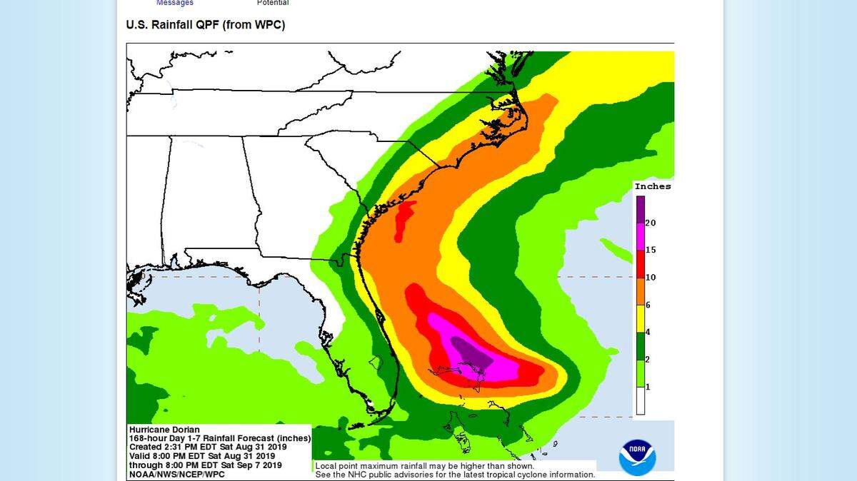 Up to 12 inches of rain could fall along the Georgia and Carolina coasts, according to the National Hurricane Center. Dorian is now expected to dump up to 6 inches on a wider swath of eastern North Carolina than earlier forecasts indicated, officials said.