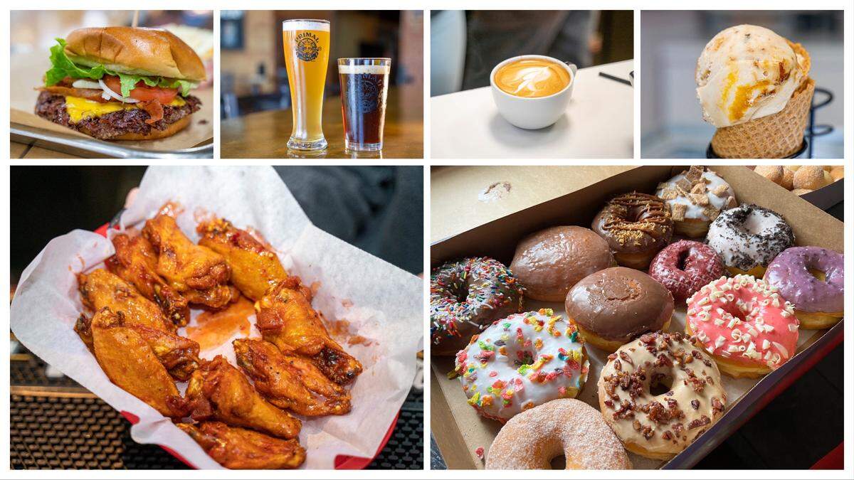 Top, from left: The Barcelona Burger & Beer Garden, Primal Brewery, Bitty & Beau’s and Artisen Gelato. Bottom, from left: Wing King Cafe and Yummm Donut.