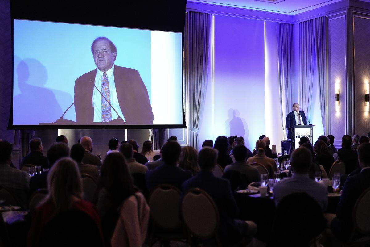 ESPN personality Chris Berman speaks to the Hood Hargett Breakfast Club on Thursday, Jan. 15, 2026, in Charlotte, North Carolina.