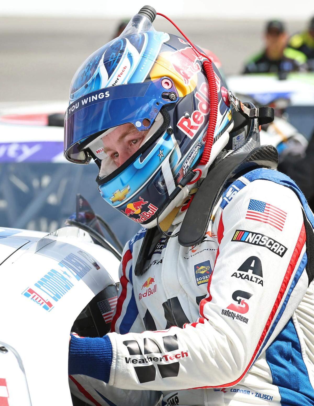 NASCAR Xfinity Series driver Connor Zilisch climbs into this car prior to qualifying for the North Carolina Education Lottery 250 at Rockingham Speedway on Saturday, April 19, 2025.