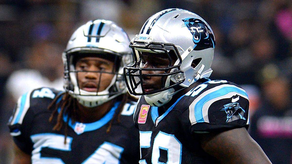 Carolina Panthers linebackers Shaq Thompson, left and Thomas Davis, right, prepare to line up against the New Orleans Saints at the Mercedes-Benz Superdome in New Orleans, LA. on Sunday, October 16, 2016.