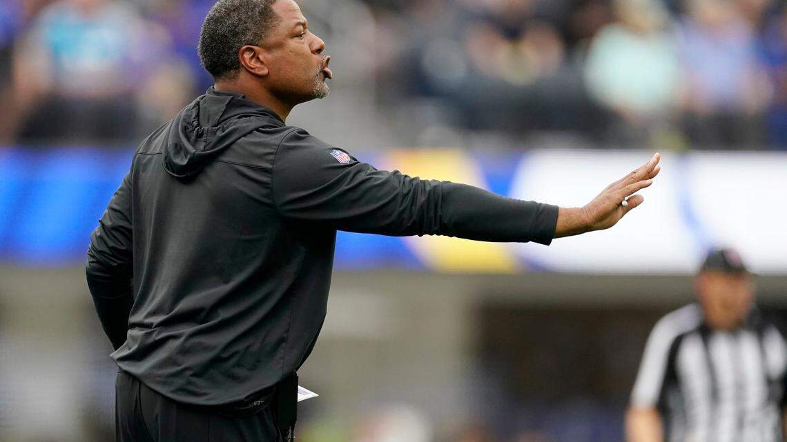 Carolina Panthers head coach Steve Wilks signals from the sideline during the first half of an NFL football game against the Los Angeles Rams Sunday, Oct. 16, 2022, in Inglewood, Calif. (AP Photo/Ashley Landis)