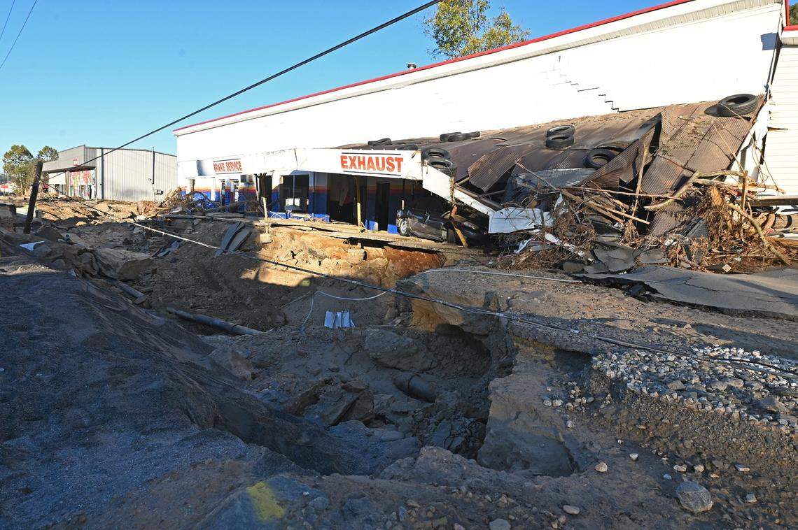 The N.C. General Assembly has passed Senate Bill 382, an effort that allocates $227 million to the Helene relief fund but that Western North Carolina Democrats say falls short. Here, the storm’s destruction is shown near a local business along US 70 in Swannanoa, NC on Monday, October 21, 2024.