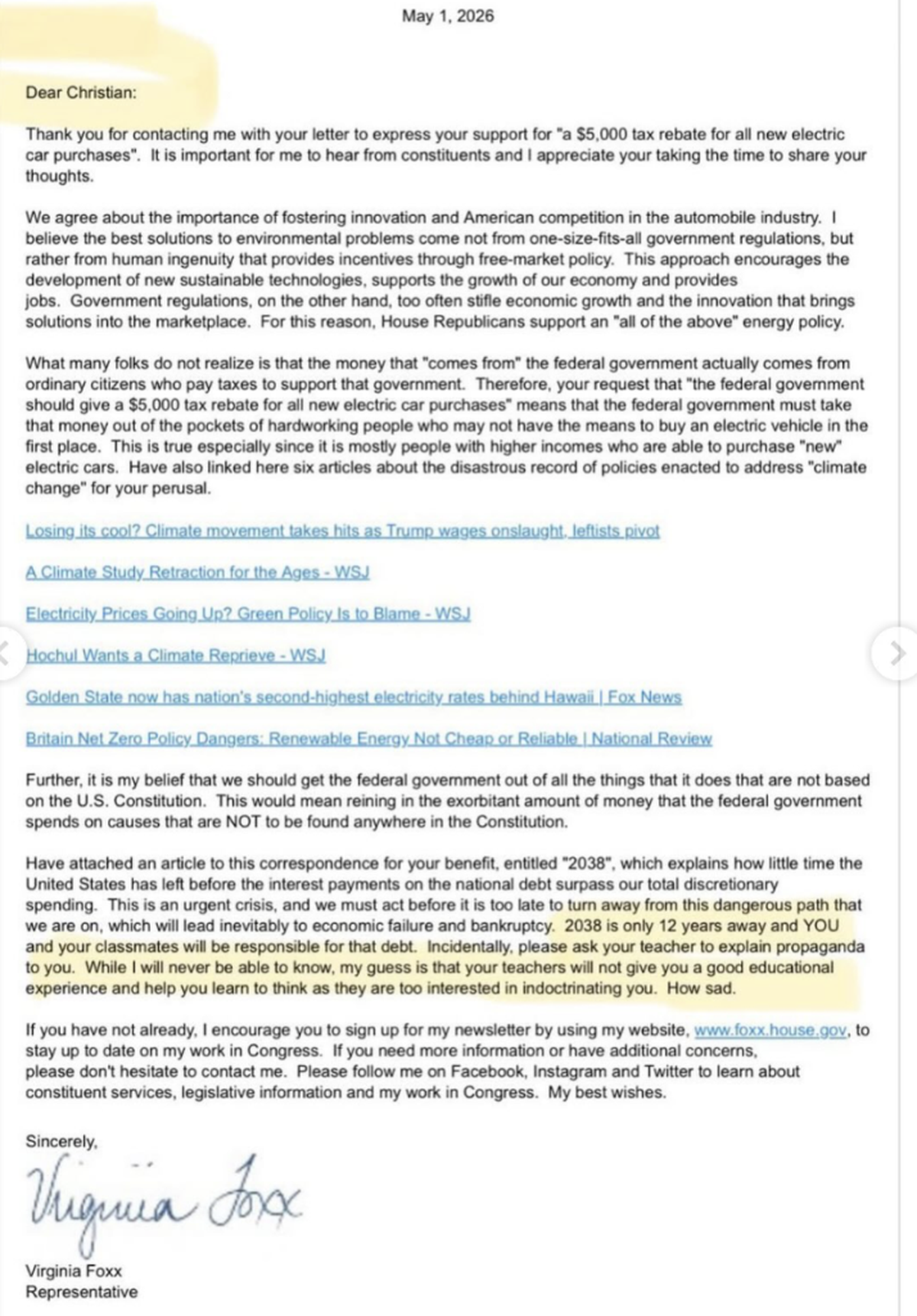 Letter from Republican Rep. Virginia Foxx