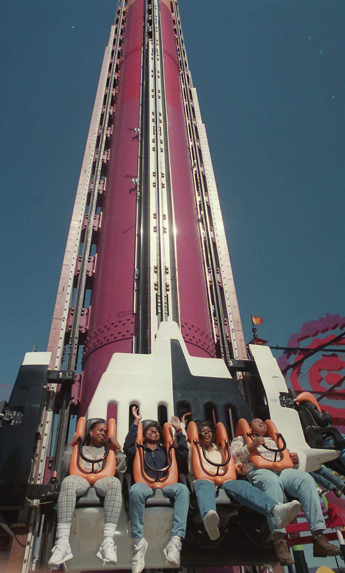 In this file photo Shay Harry, Taun Washington, Quianda McVay and Shonda Orr descend at top speed on the new “Drop Zone” ride at Carowinds when it opened in spring 1996.