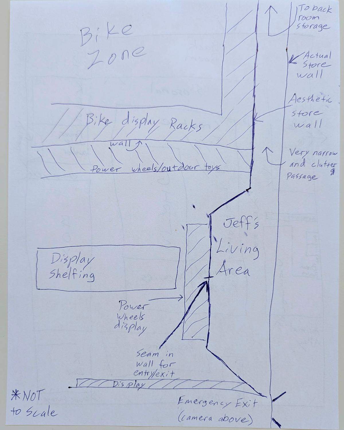 Don Roberson, who worked at the Toys R Us store on Independence Boulevard throughout the entire period of 2004 when Jeffrey Manchester was utilizing it, sketched this diagram of the first of his two hideouts. 