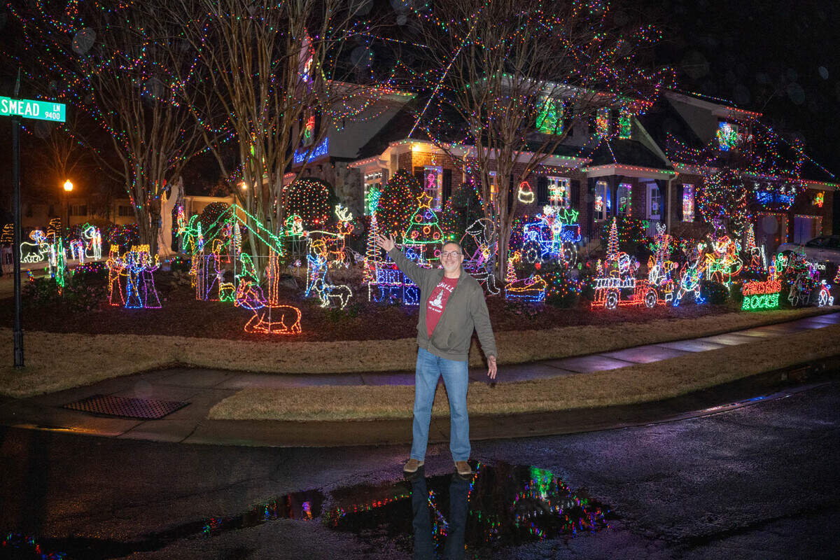 Mark Montgomery in front of his home at 1007 Mapesbury Lane in Waxhaw’s Kingsmead neighborhood. The Montgomery home won CharlotteFive’s holiday lights contest in 2022.