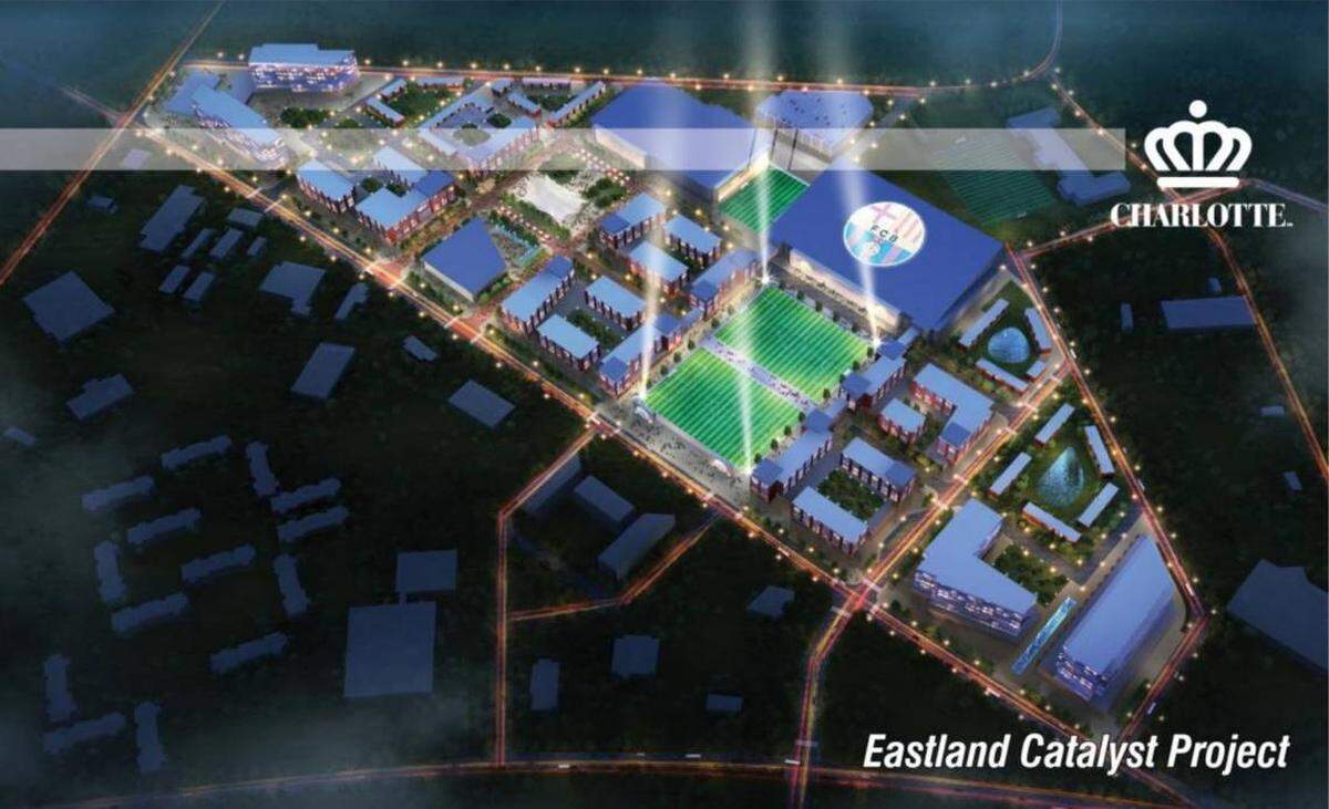 A conceptual plan for redeveloping the Eastland Mall site, centered around an FC Barcelona Soccer Academy. Charlotte City Council’s economic development committee is set to hear a recommendation Monday about which of four developers the city should pick to redevelop the long-vacant area.