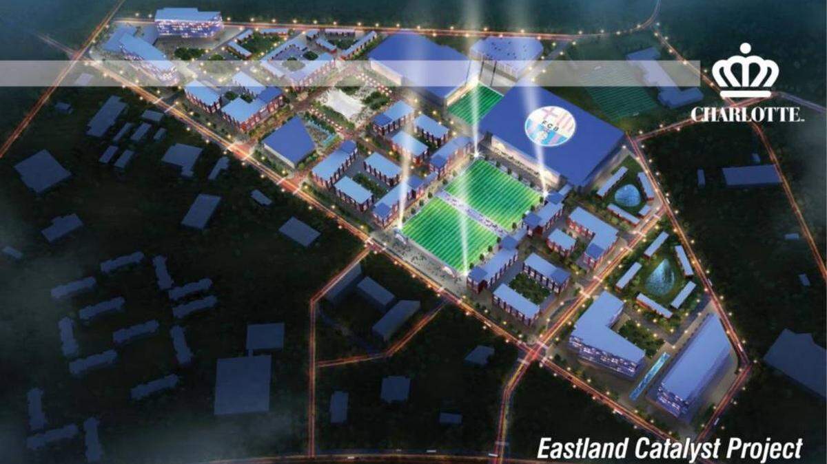 A conceptual plan for redeveloping the Eastland Mall site, centered around an FC Barcelona Soccer Academy. Charlotte City Council’s economic development committee is set to hear a recommendation Monday about which of four developers the city should pick to redevelop the long-vacant area.
