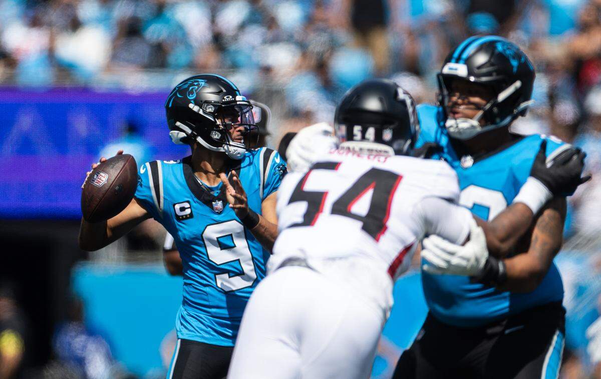 Carolina Panthers quarterback Bryce Young makes a pass against the Atlanta Falcons at the Bank of America Stadium in Charlotte, N.C., on Sunday, September 21, 2025.