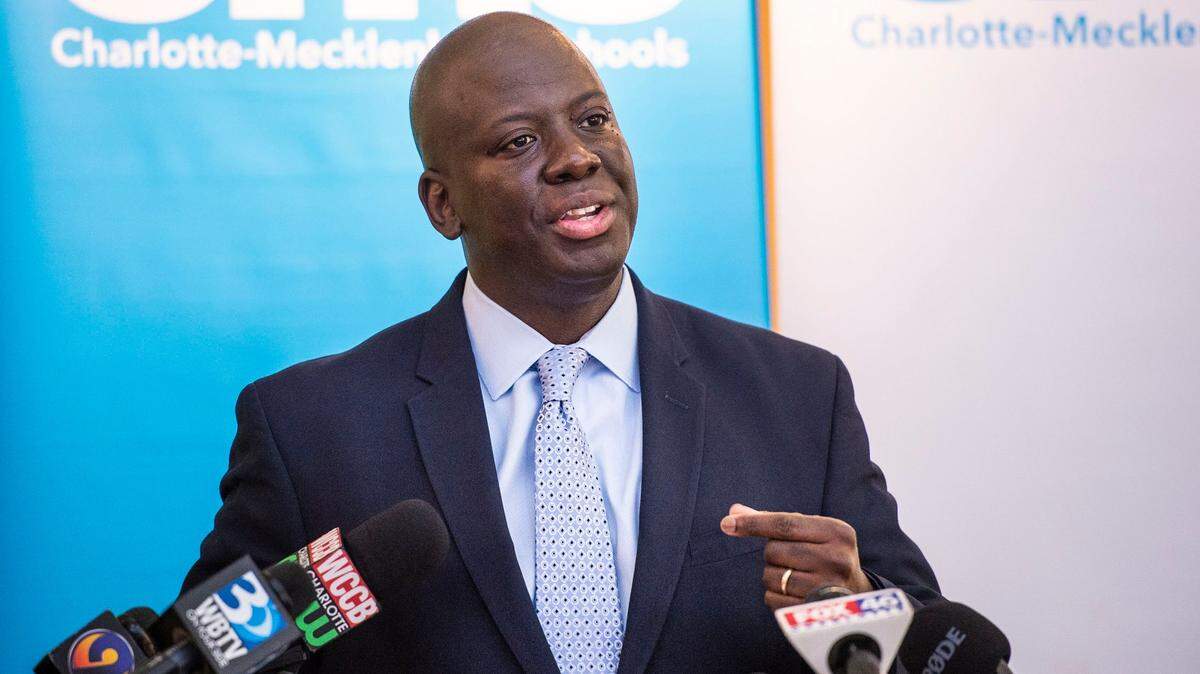 Charlotte-Mecklenburg Schools Superintendent Earnest Winston speaks to the media during a Nov. 19, 2021 press conference in which he addressed issues surrounding title IX and sexual harassment within the school system.