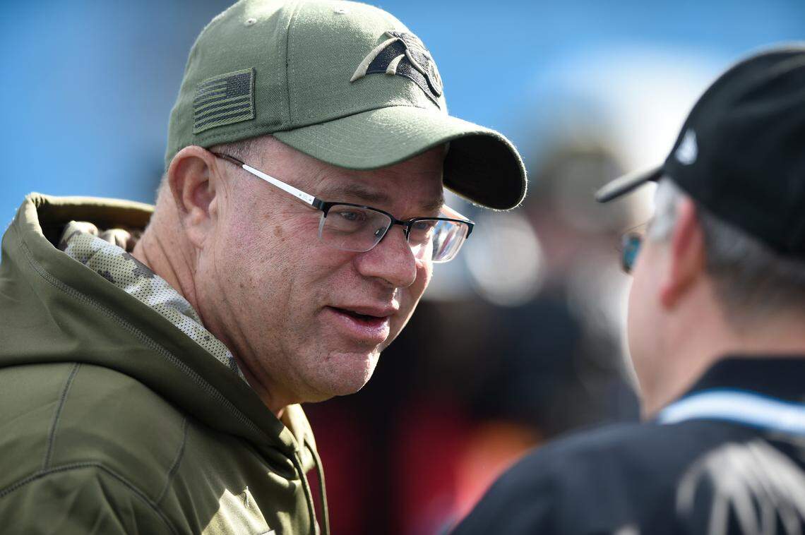 Carolina Panthers owner David Tepper talks to fans before an NFL football game against the Seattle Seahawks in Charlotte, N.C., Sunday, Nov. 25, 2018. (AP Photo/Mike McCarn)