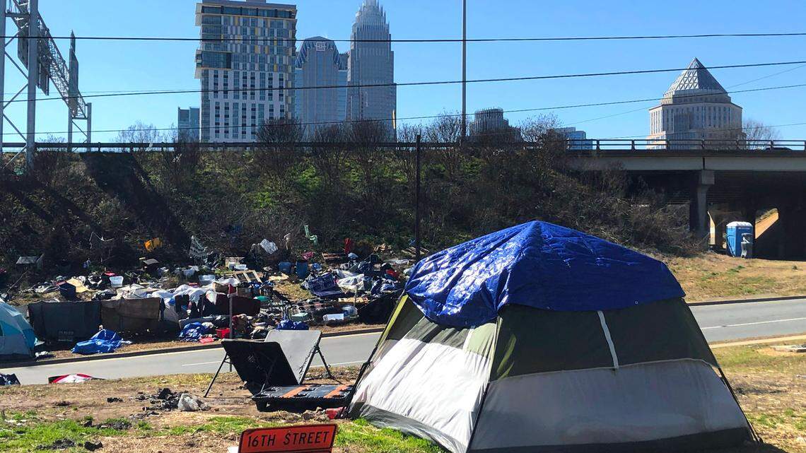 A tent in the homeless encampment in the uptown area of Charlotte, NC along 12th Street on Wednesday, February 18, 2021.