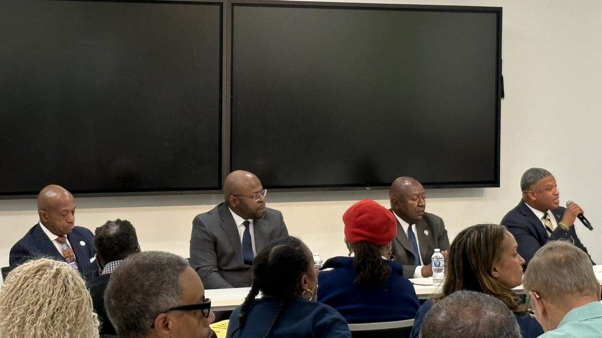 Mecklenburg County sheriff candidates participated in a forum on Tuesday during the Sarah Stevenson Forum. Pictured from left are Sheriff Garry McFadden, former Detention Officer Antwain Nance, Charlotte-Mecklenburg Police Sgt. Ricky Robbins and former Chief Deputy Rodney Collins.