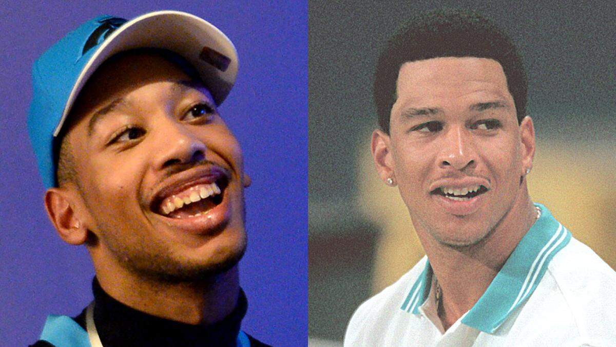 Chancellor Lee Adams (left) in 2019 and former Carolina Panther Rae Carruth in 1999. Many people have remarked on the facial resemblance between the father and son. Chancellor Lee will turn 25 years old on Nov. 16, 2024, the same age his father was when his pregnant girlfriend Cherica Adams was murdered in Charlotte. A jury later convicted Carruth of conspiracy to commit the murder.