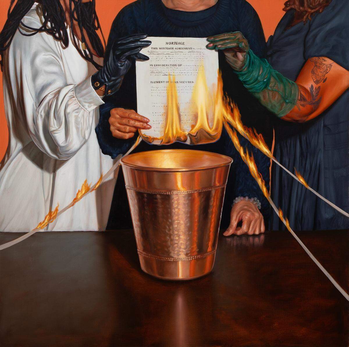 Mario Moore, “Mortgage Burning,” detail, 2025, oil on linen, 48 x 48 inches. Moore’s work is featured in the new Gantt Center exhibit “In Pursuit of Home.”
