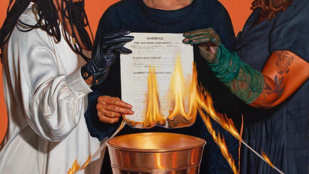 Mario Moore, “Mortgage Burning,” detail, 2025, oil on linen, 48 x 48 inches. Moore’s work is featured in the new Gantt Center exhibit “In Pursuit of Home.”