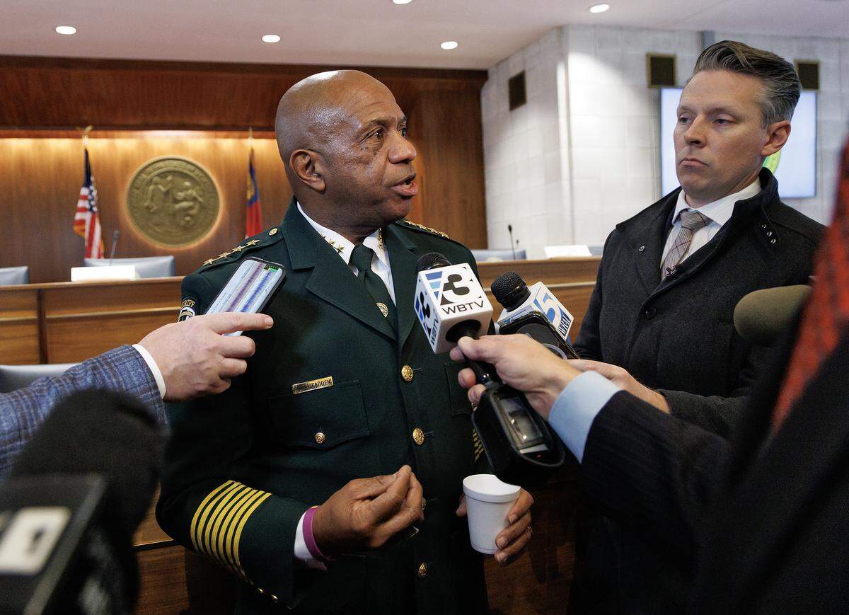 Mecklenburg County Sheriff Garry McFadden speaks with media during a break in the House Select Committee on Oversight and Reform on Monday, Feb. 9, 2026, at the North Carolina Legislative Building.