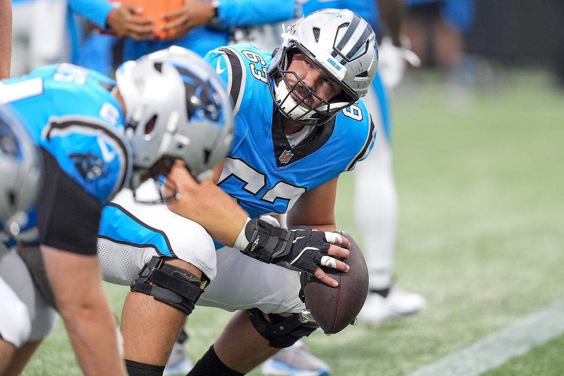 Aug 2, 2025; Charlottle, NC, USA; Carolina Panthers center Austin Corbett (63) during Fanfest at Bank of America Stadium. Mandatory Credit: Jim Dedmon-Imagn Images