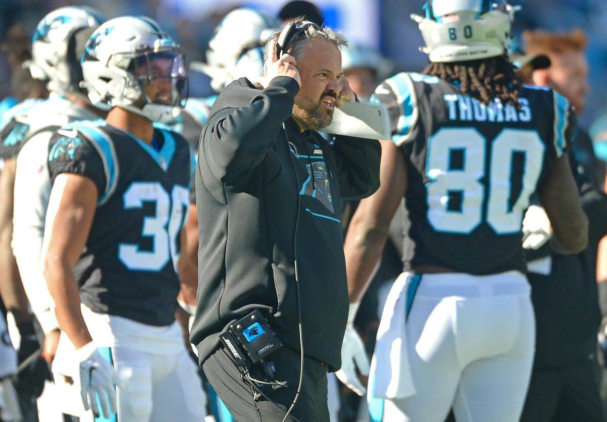 Carolina Panthers head coach Matt Rhule prepares to discuss a penalty against tight end Ian Thomas during second quarter action at Bank of America Stadium in Charlotte, NC on Sunday, November 7, 2021. The New England Patriots defeated the Panthers 24-6.